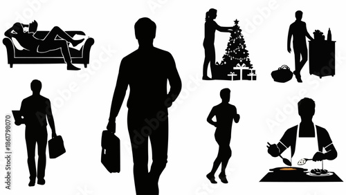 Silhouettes of people engaged in various everyday activities and hobbies.