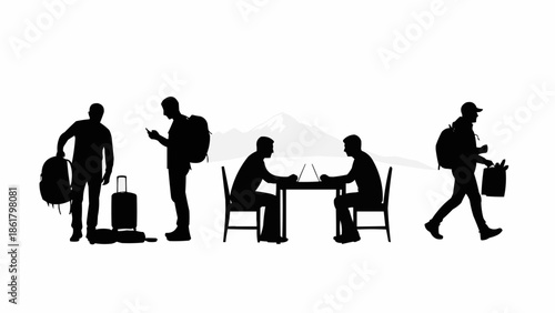 Silhouettes of people engaged in various travel and work activities.