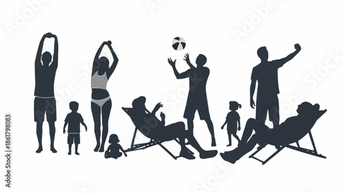 Silhouettes of people enjoying leisure activities on a white background.