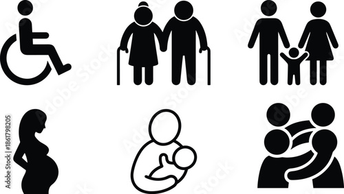 Family and social care icons set showing disability elderly parents children pregnancy and support relationships isolated on white background