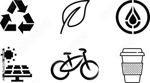 Sustainability and eco friendly icons set including recycling renewable energy bicycle green lifestyle symbols isolated on white background