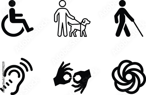 Accessibility and disability icons set featuring wheelchair guide dog blind deaf sign language symbols isolated on white background