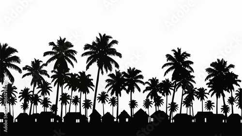 Silhouette of palm trees and small houses on a white background.