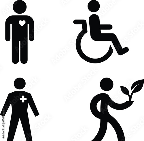 Healthcare and social care people icons set showing disability, wheelchair accessibility, medical support, wellness, volunteer aid, and environmental awareness symbols