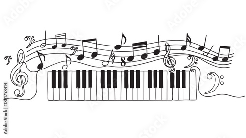 Musical notes and piano keyboard illustration with flowing melody lines