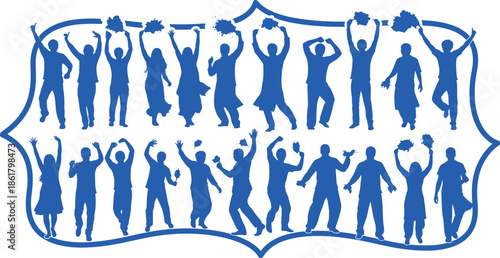 A group of people celebrating with raised arms in a blue silhouette