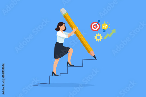 Woman Climbing Pencil Steps