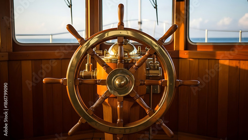 Antique brass and wood ship steering wheel inside a nautical cabin with ocean view