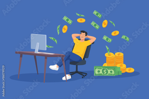 Happy man with money online