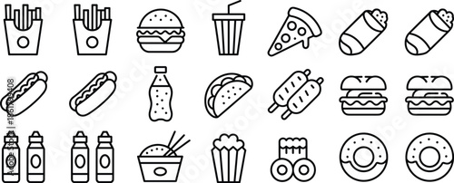 Black and white of various fast food and drinks fries