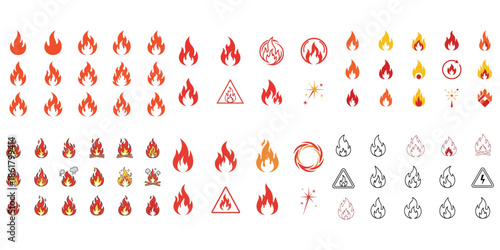 Fire Icon Vector Set ,Flame Symbols Collection on White Background