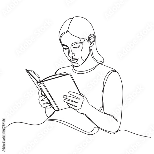 Minimalist Continuous Line Drawing of a Person Reading a Book, Monochrome