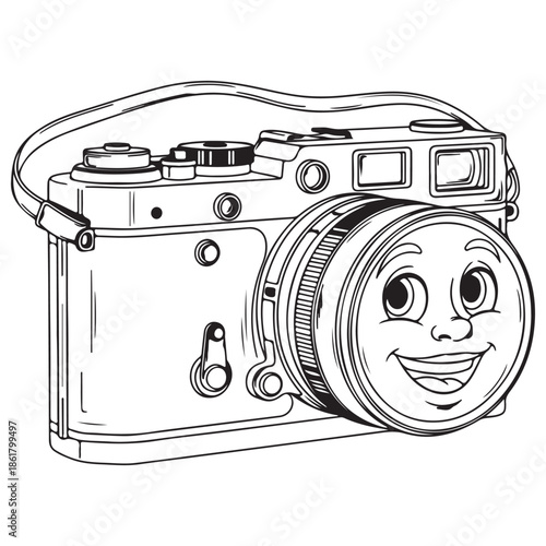 Anthropomorphic Camera Outline with Cheerful Face Illustration