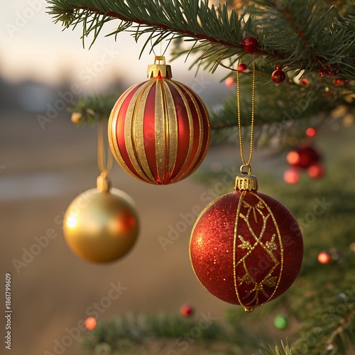 Close-up of Christmas ornaments on a tree, red and gold baubles, soft bokeh background