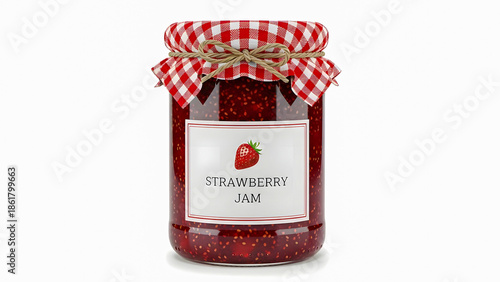 A jar of strawberry jam with a red and white checkered lid on a white background