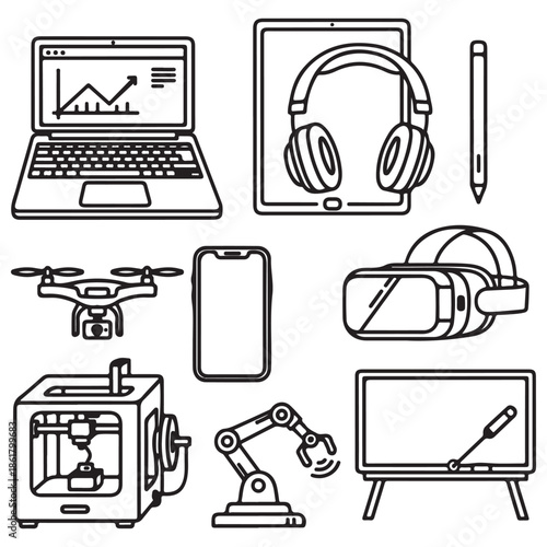Outline Icons of Technology Devices on White Background