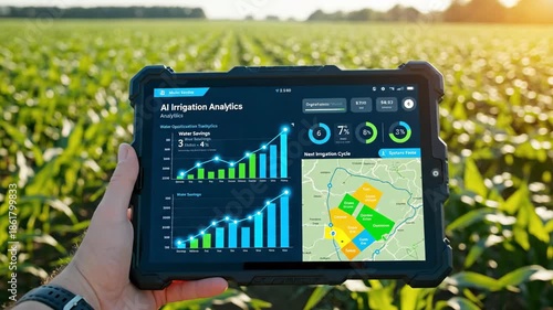 A close-up shot of a hand using a rugged tablet to analyze ai irrigation data, displaying bright green charts in a sunny agricultural field.