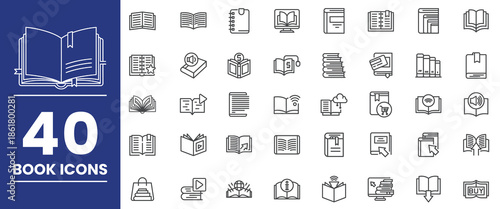 Book Line Icons Set. Library, Diary, Open Book, Pages, Bookmark, Magazine and Ebook Icons. Editable Stroke