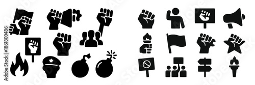 Protest and Demonstration Icons in Black and White Keywords: protest, demonstration, fist, flag, megaphone, bomb, fire, police hat, crowd, sign, torch, rally, activism, resistance, conflict