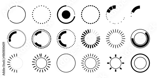 Collection of circular loading indicators and progress symbols in varying stages