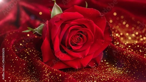 Luxurious single red rose lying on velvety red fabric covered with gold glitter for romance and love concepts