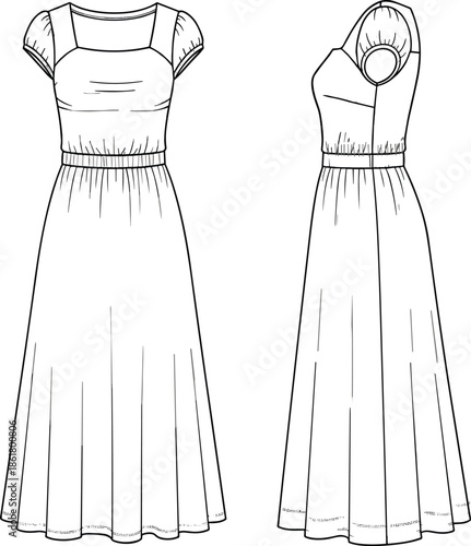 Classic midi dress fashion illustration showing front and side views, short sleeves, fitted waist, flowing skirt, detailed line art vector