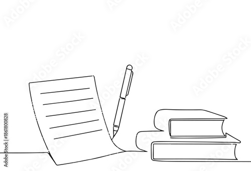Minimalist Study Scene Line Art – Books, Paper, and Pen Illustration