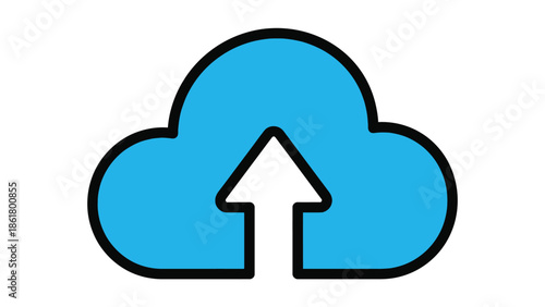 Simple stylized blue cloud computing icon featuring an upward white arrow indicating the process of uploading data or transferring files to the network storage system