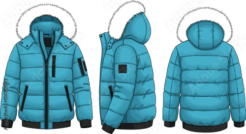 Blue winter puffer jacket vector illustration front side back views warm hooded outerwear fashion design isolated modern style