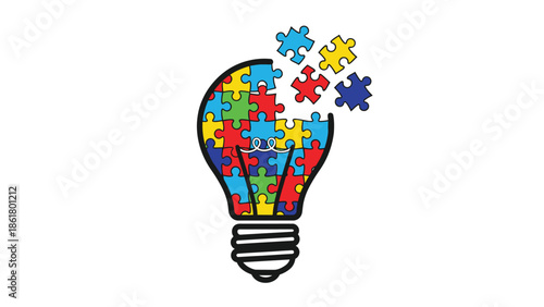 Simple graphic illustration of a brightly colored autism awareness lightbulb composed of puzzle pieces symbolizing unique thought and awareness campaigns.
