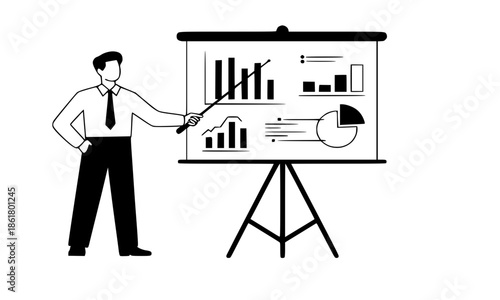 Black and White Line Art Illustration of Businessman Presenting Charts and Graphs on Flip Chart Board, Professional Man Pointing to Bar Chart, Pie Chart and Data Analytics