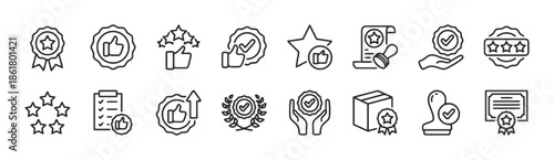 Quality assurance and satisfaction icons set depicting various symbols of excellent service approval rating and warranty for product and customer experience