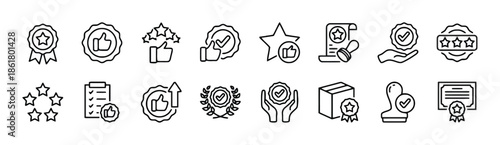 Quality and rating line icons collection featuring award ribbon, thumbs up symbols, stars, certificate, stamp, checklist, package, and laurel wreath for various concepts