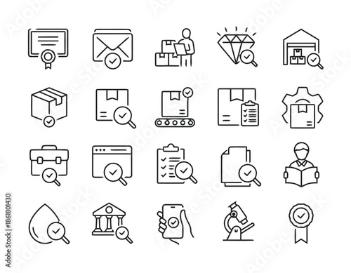 Quality Check Icons Featuring Verification Approval and Audit Symbols in Simple Outline Style Isolated on White Background Exactly 200 Characters