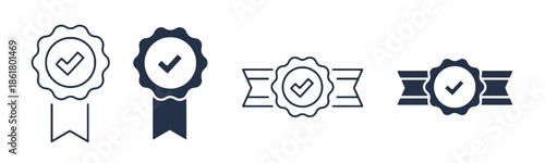 Quality Seal Icon Set Featuring Different Designs and Styles of Seals and Badges with Check Marks Representing Guarantee Certification and Approval