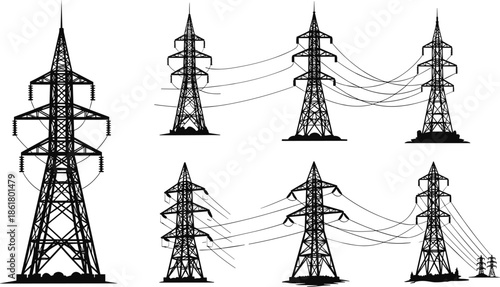 electricity, tower, pylon, silhouette, energy, power, industrial, voltage, transmission, cable, electric, industry, infrastructure, vector, engineering,