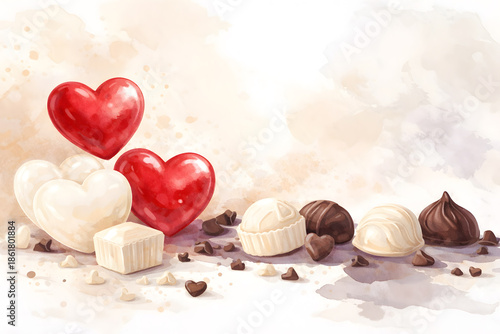 赤いハートとホワイト＆ダークチョコレートの水彩イラスト、ロマンチックなスイーツ構成