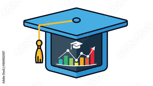 Bright blue graduation cap icon showcasing academic achievement growth and financial success symbolized by colorful upward trending bar charts and line graphs