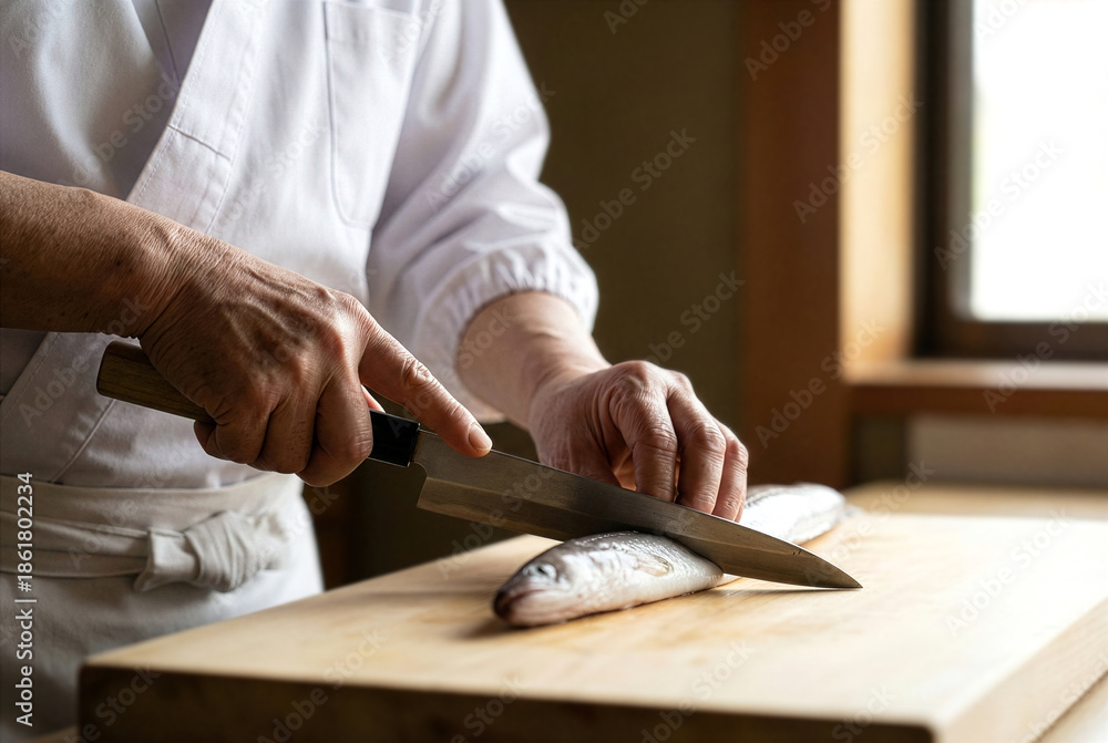 Obraz premium Close-up of Japanese chef's hands skillfully preparing fish in traditional kitchen.
