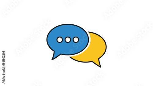 Two overlapping colorful speech bubbles one blue with ellipses and one yellow representing digital conversation and communication concepts