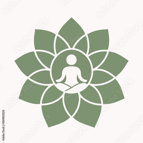 A minimalist logo design featuring a seated human figure in a meditation pose enclosed within a circular frame and surrounded by a stylized lotus flower.