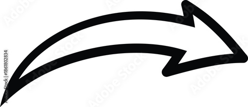 Bold curved arrow, hand-drawn sketch, black ink, vector illustration, directional symbol, navigation icon, graphic design, motion, emphasis, creative