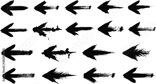 Brushstroke arrows, left direction, grunge texture, hand-drawn style, vector illustration, navigation icon, graphic design, motion, emphasis, creative layout