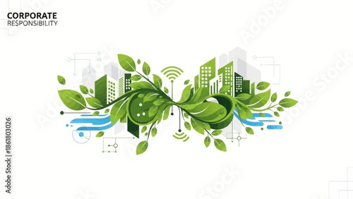 Eco-friendly corporate responsibility concept with green leaves and cityscape