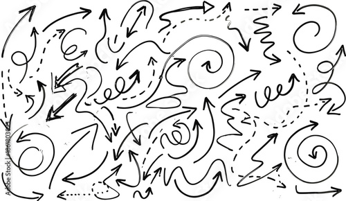 Hand-drawn arrows, abstract sketch, directional symbols, vector illustration, movement concept, graphic design, navigation, flow, pointing signs, creative layout