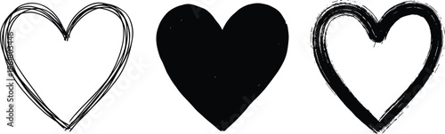 Hand-drawn hearts, sketch style, brushstroke texture, solid fill, vector illustration, romantic design, love symbol, creative art, black ink