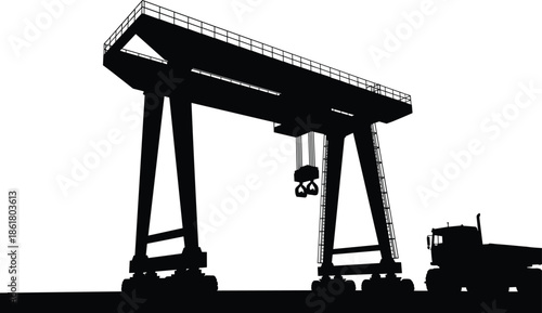 Gantry crane silhouette, industrial equipment, grab bucket, logistics operation, truck loading, vector illustration, construction site, heavy machinery, infrastructure, transport