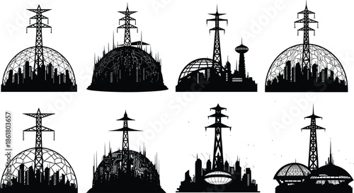 Futuristic city domes, transmission towers, black silhouette, energy infrastructure, sci-fi architecture, protected urban design, concept art, power grid, innovation, skyline