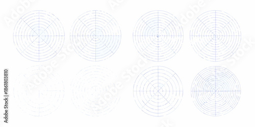 Arrangement of blue concentric oval shapes in a grid pattern technical illustration