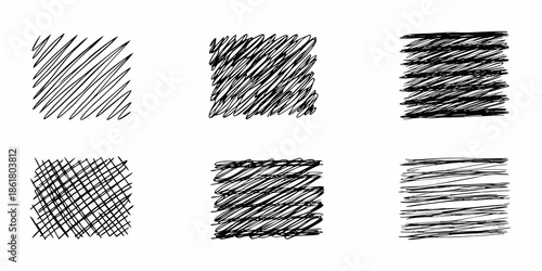 A collection of six different scribbled rectangular shapes on a white background